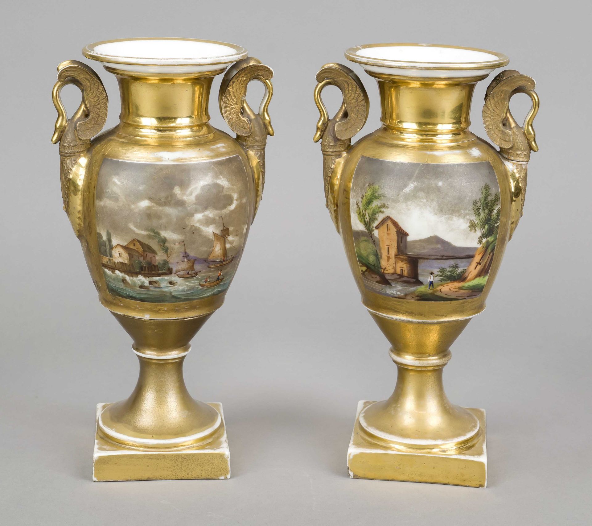 A pair of ornamental vases with swan handles, France, 19th century, polychrome painting with