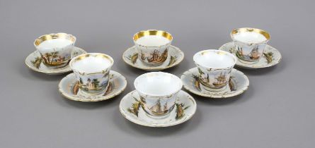 Six cups with saucer, France, 19th century, bell-shaped, polychrome painted with marine motifs on