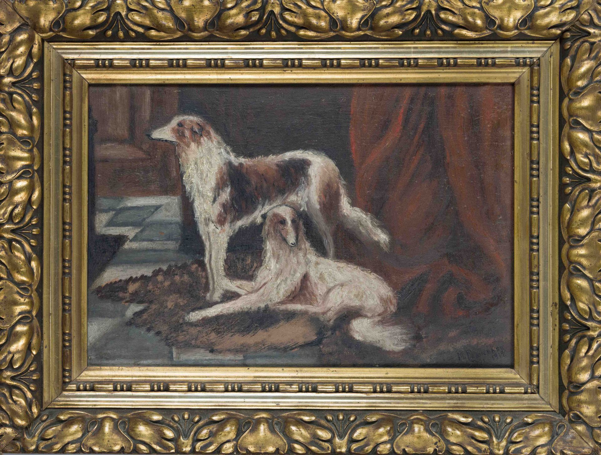 M. Penneker, German painter c. 1914, Interior with two greyhounds, oil on canvas, signed and dated