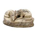 Anonymous sculptor c. 1900, large group of two reclining wolves, alabaster on marble plinth,