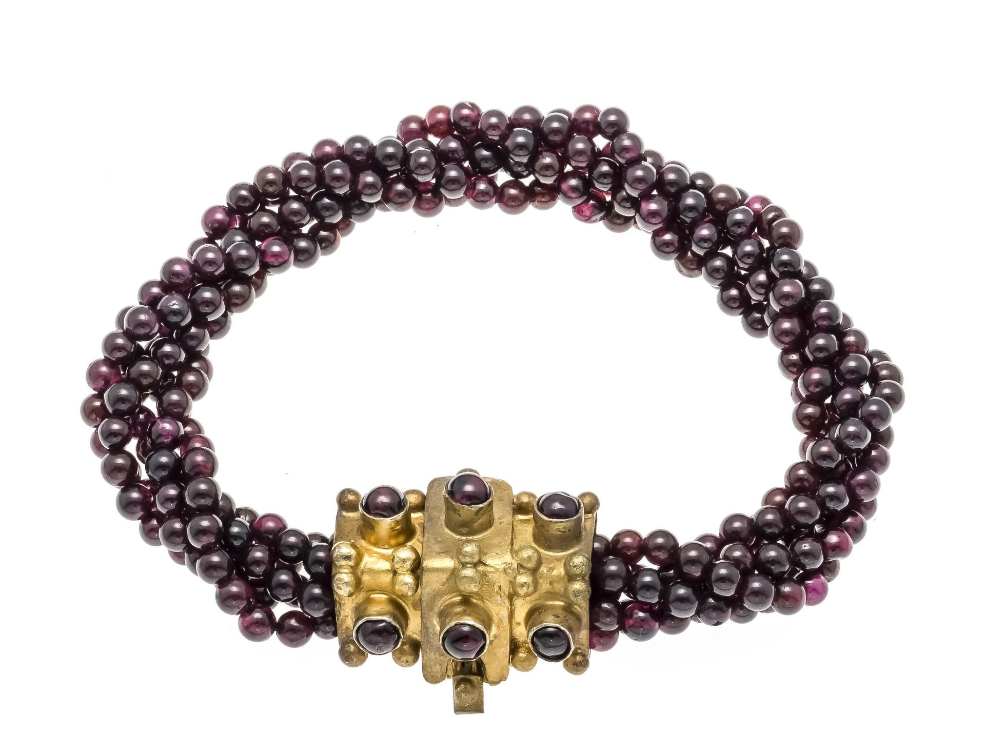 Modern garnet bracelet with clasp silver 925/000 gold-plated, set with 6 round garnet cabochons 4