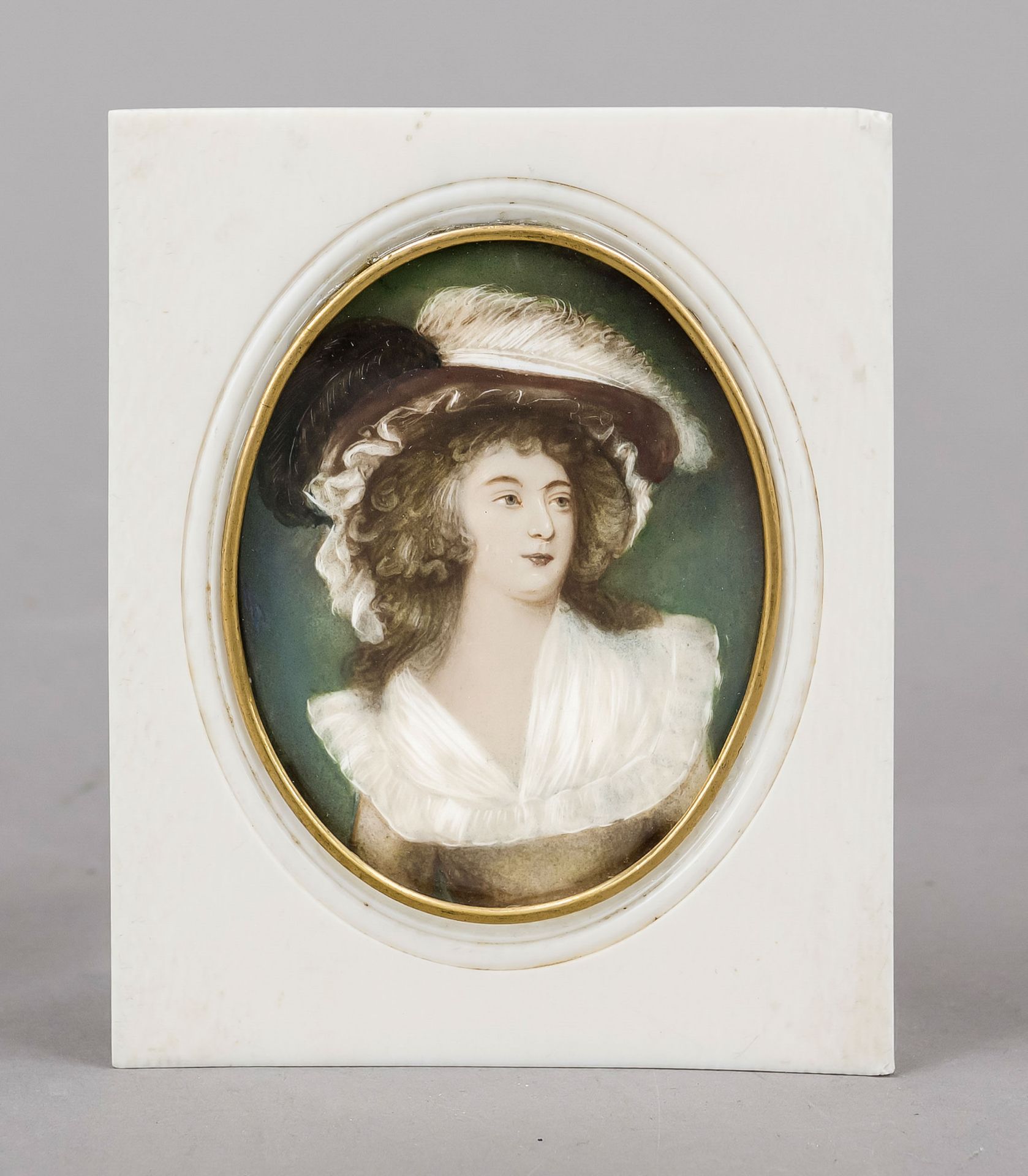 Miniature, 19th century, polychrome tempera painting on bone plate, unopened, oval bust portrait