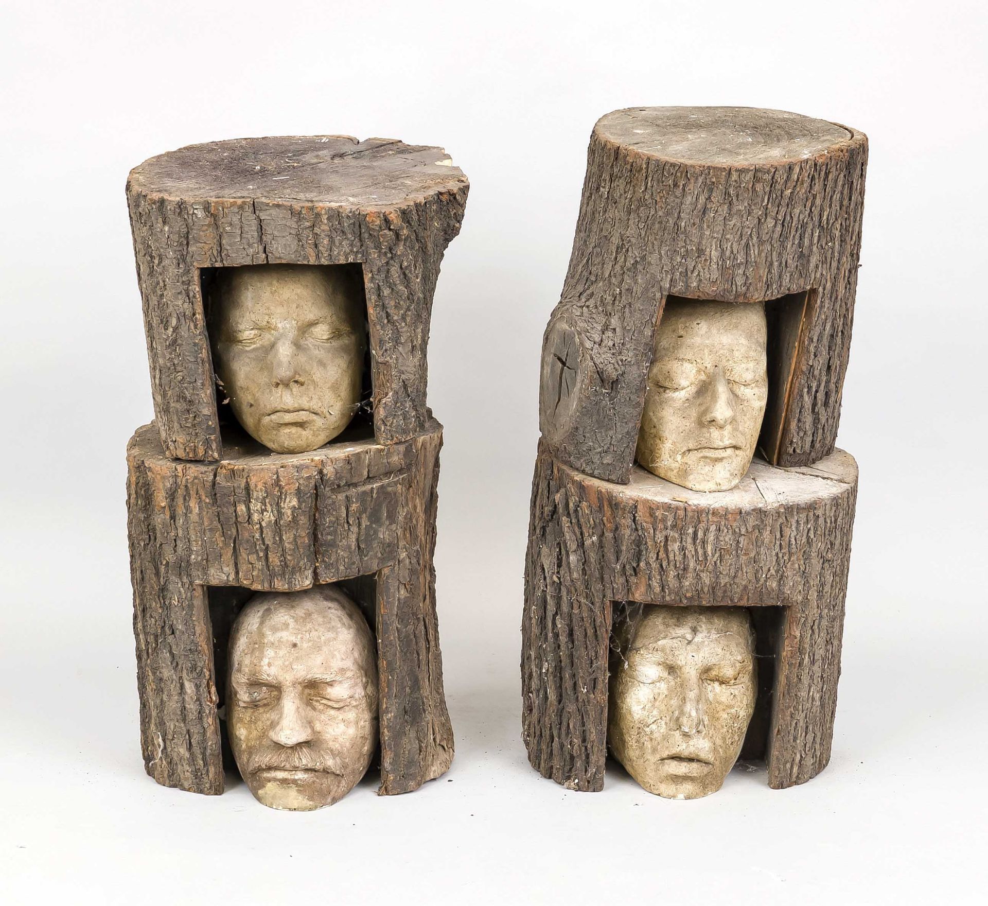 Herbert König (1956-2023), sculptor from Suhl, 4 tree heads, natural tree trunk segments with sawn-