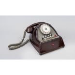 Historic wall telephone, France 1st half 20th century, dark red to brown Bakelite body, rubbed &