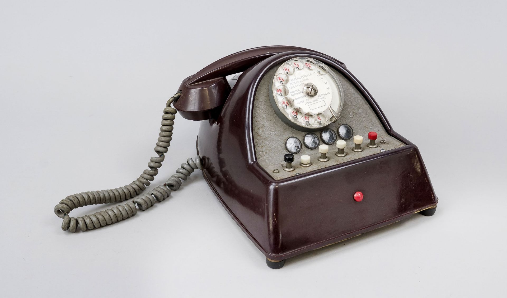 Historic wall telephone, France 1st half 20th century, dark red to brown Bakelite body, rubbed &