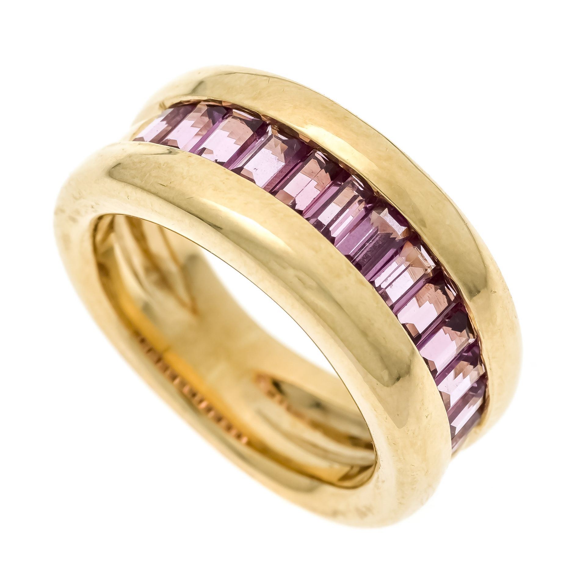 Tourmaline ring GG 750/000 with 13 faceted tourmaline baguettes 3.0 x 2.3 mm in brownish pink, RG