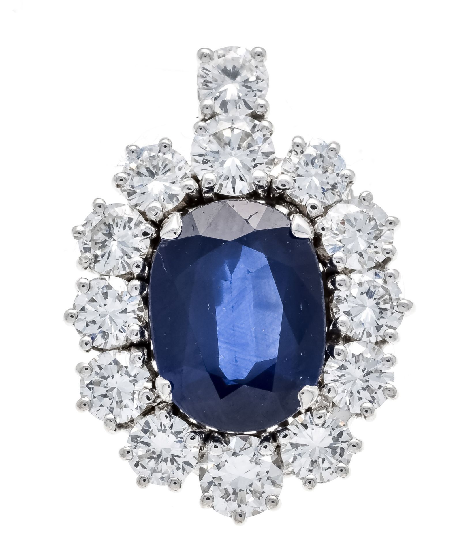 Sapphire and brilliant-cut diamond clip pendant WG 750/000 with a fine oval faceted sapphire 3.02 ct