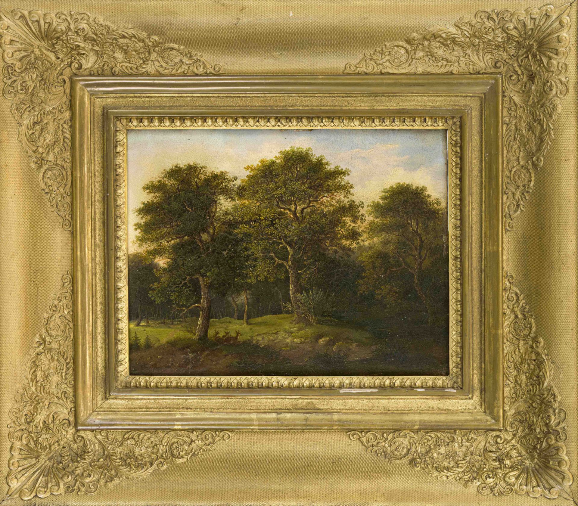 Johann Baptist Prunner (1788-?), Landscape with deer in the evening light, oil on zinc sheet, signed