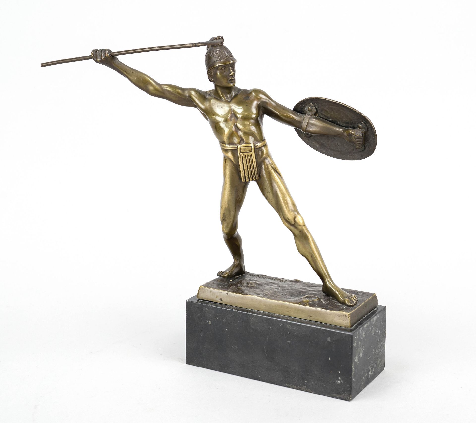 A. Zierhut-München, sculptor c. 1900, javelin thrower, patinated bronze on marble base, rubbed,