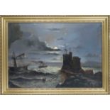 Unidentified monogramist late 19th century, large marine scene with ships at the harbor entrance