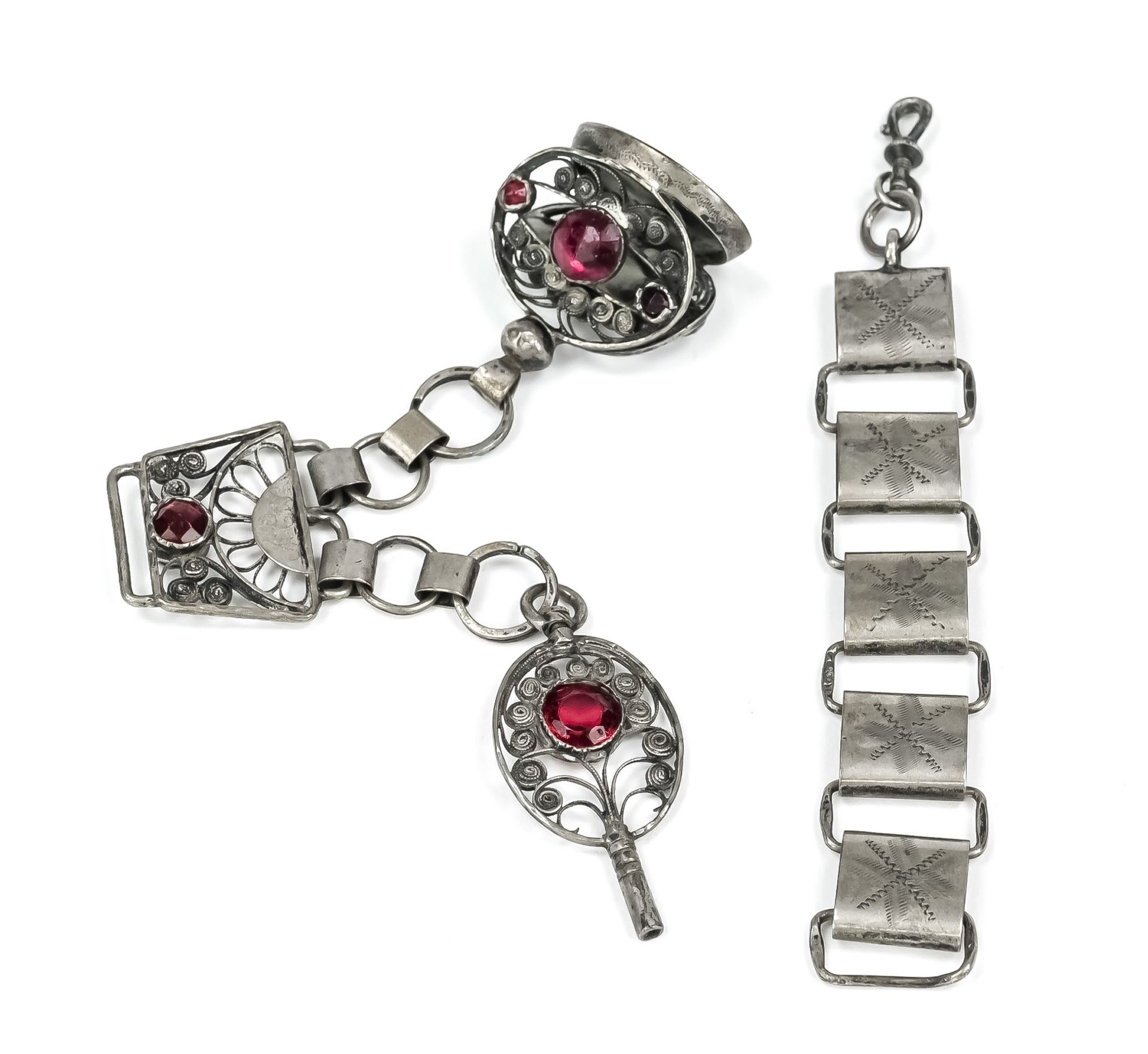 Chatelain silver, 19th century, with red stones and engravings, pocket watch key and non-engraved