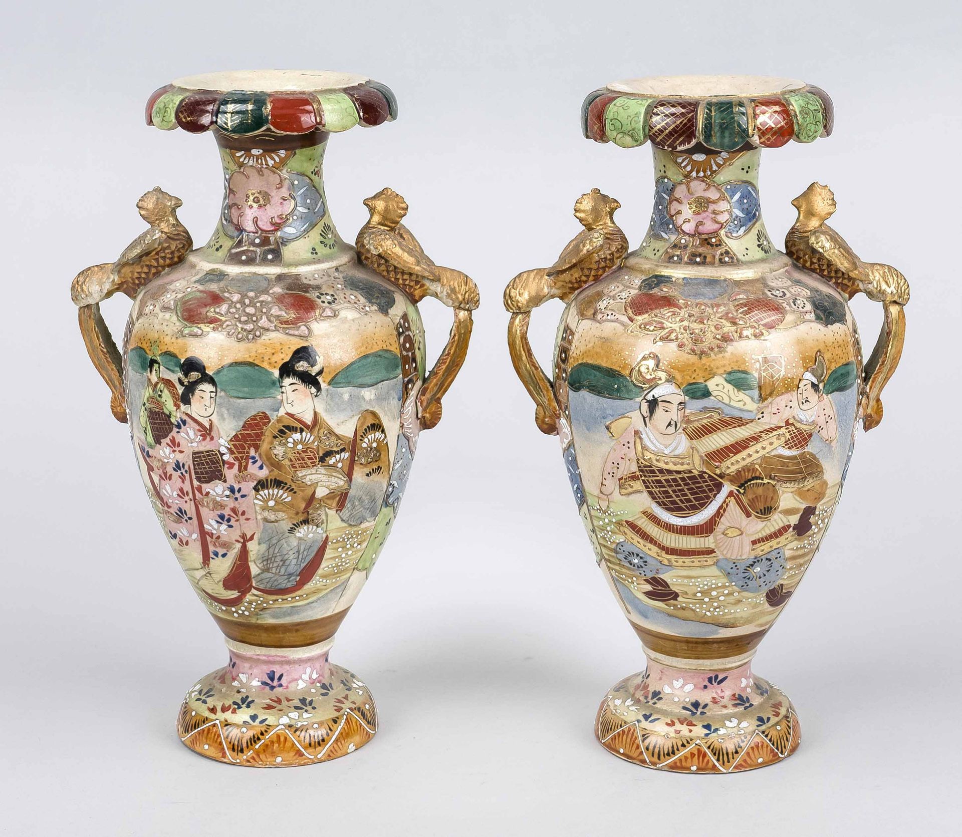 Pair of Satsuma vases, Japan c. 1900 (Meiji). Baluster shape with gold-decorated phoenix handles. - Image 2 of 3