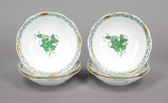 Six compote bowls, Herend, 20th century, Apponyi green decoration, gold staffage, Ø 14 cm