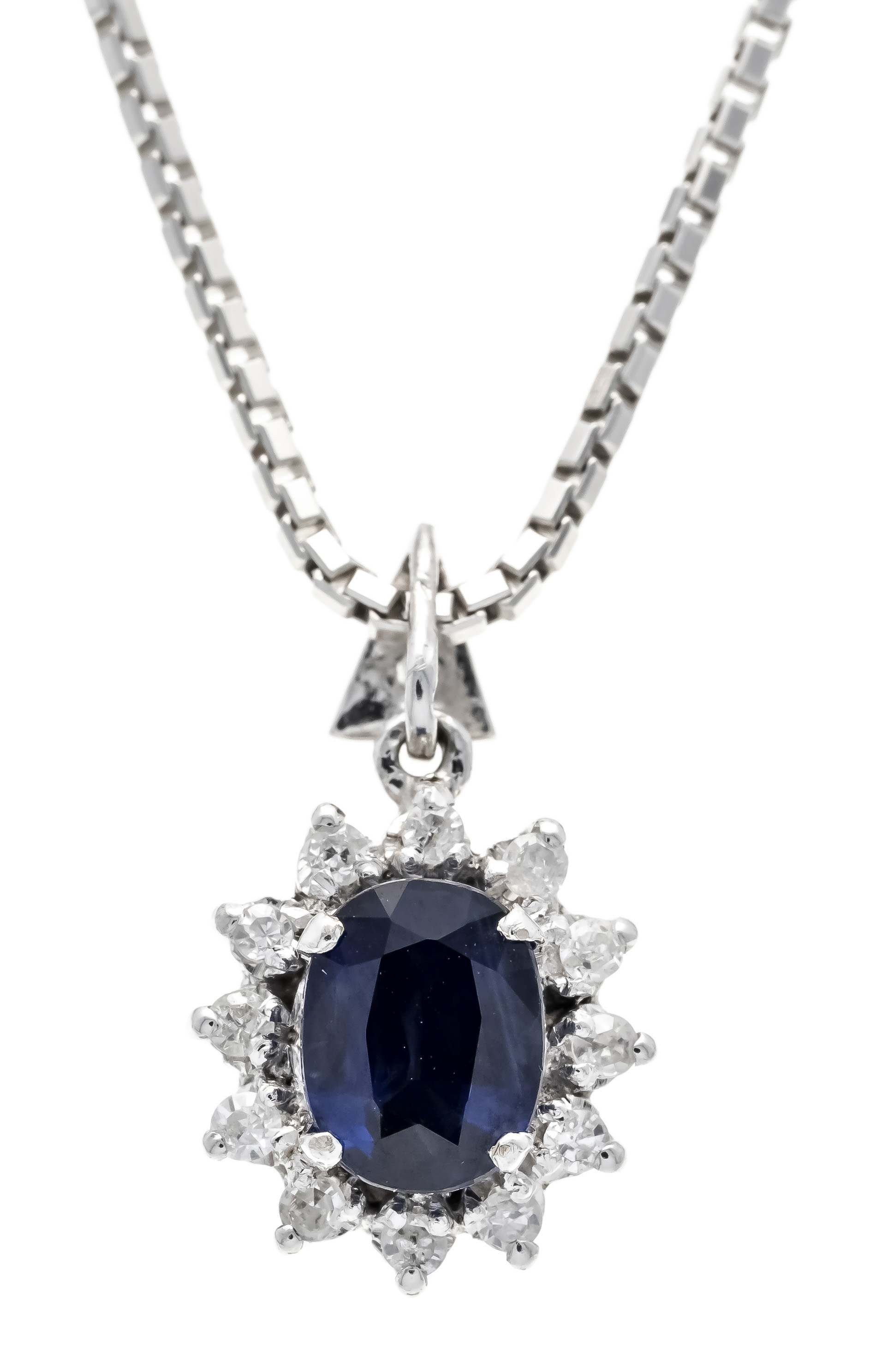 Sapphire-diamond pendant WG 585/000 with an oval faceted sapphire 6.3 x 4.8 mm (possibly synth.)