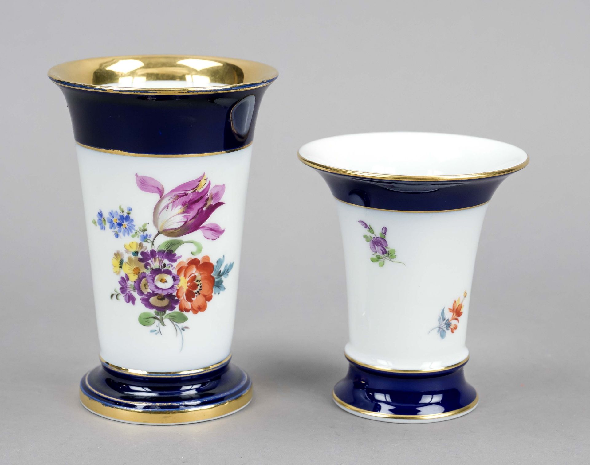 Two vases, Meissen, 20th century, 1st choice, different shapes, partly cobalt blue ground, each with - Image 2 of 2