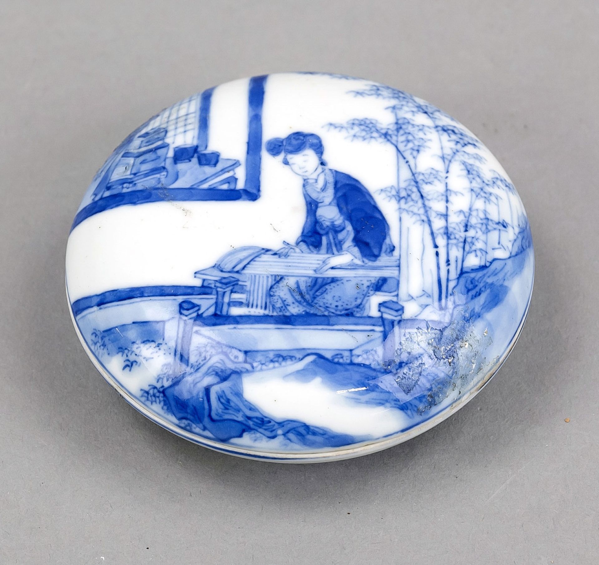 Blue and white sealing paste lidded box, China, probably 19th century Cobalt blue decoration on