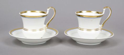 Two cups with saucers, KPM, Berlin mark 1837-44, 1st choice, red imperial orb mark, bell-shaped,
