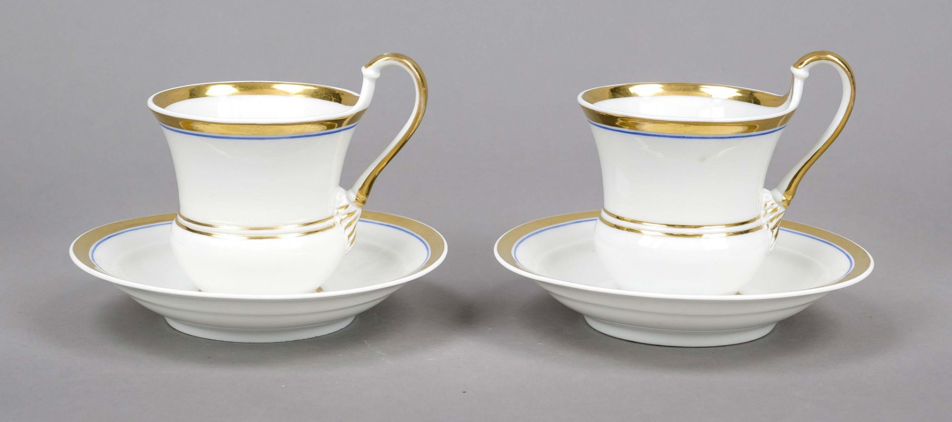 Two cups with saucers, KPM, Berlin mark 1837-44, 1st choice, red imperial orb mark, bell-shaped,