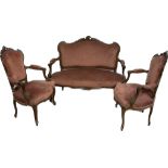 Louis-Phillipe settee, circa 1860/70, solid walnut, consisting of a sofa and two armchairs, sofa: