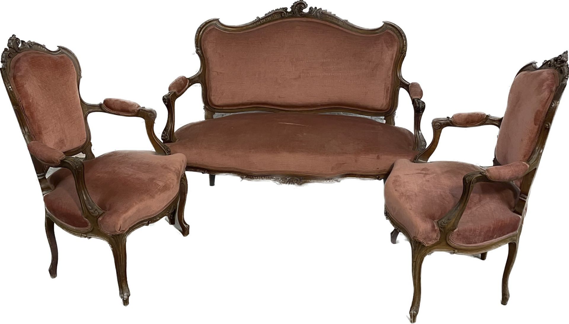 Louis-Phillipe settee, circa 1860/70, solid walnut, consisting of a sofa and two armchairs, sofa: