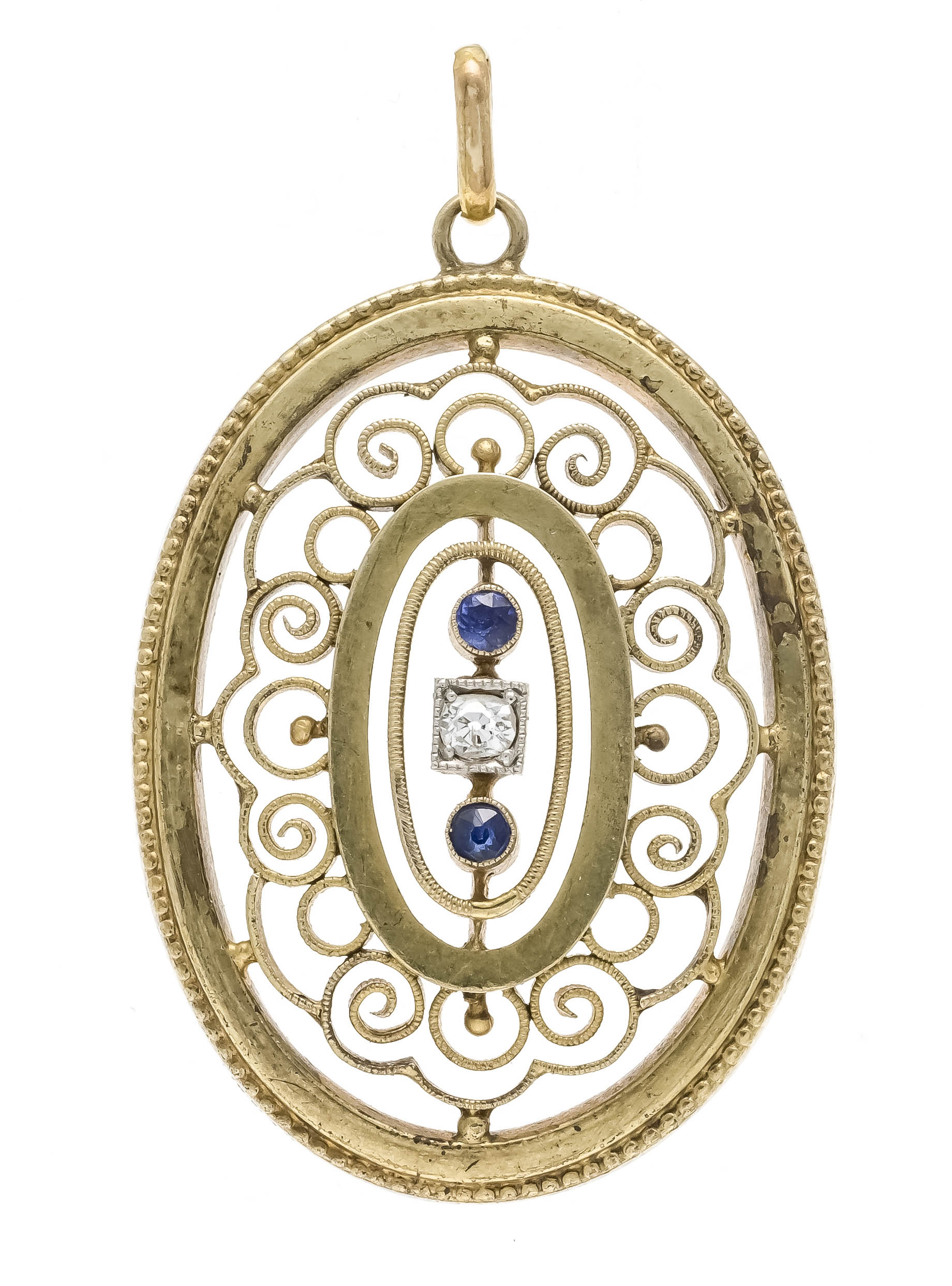 Filigree old-cut diamond pendant GG 585/000 with 2 round faceted sapphires 1.8 mm (possibly