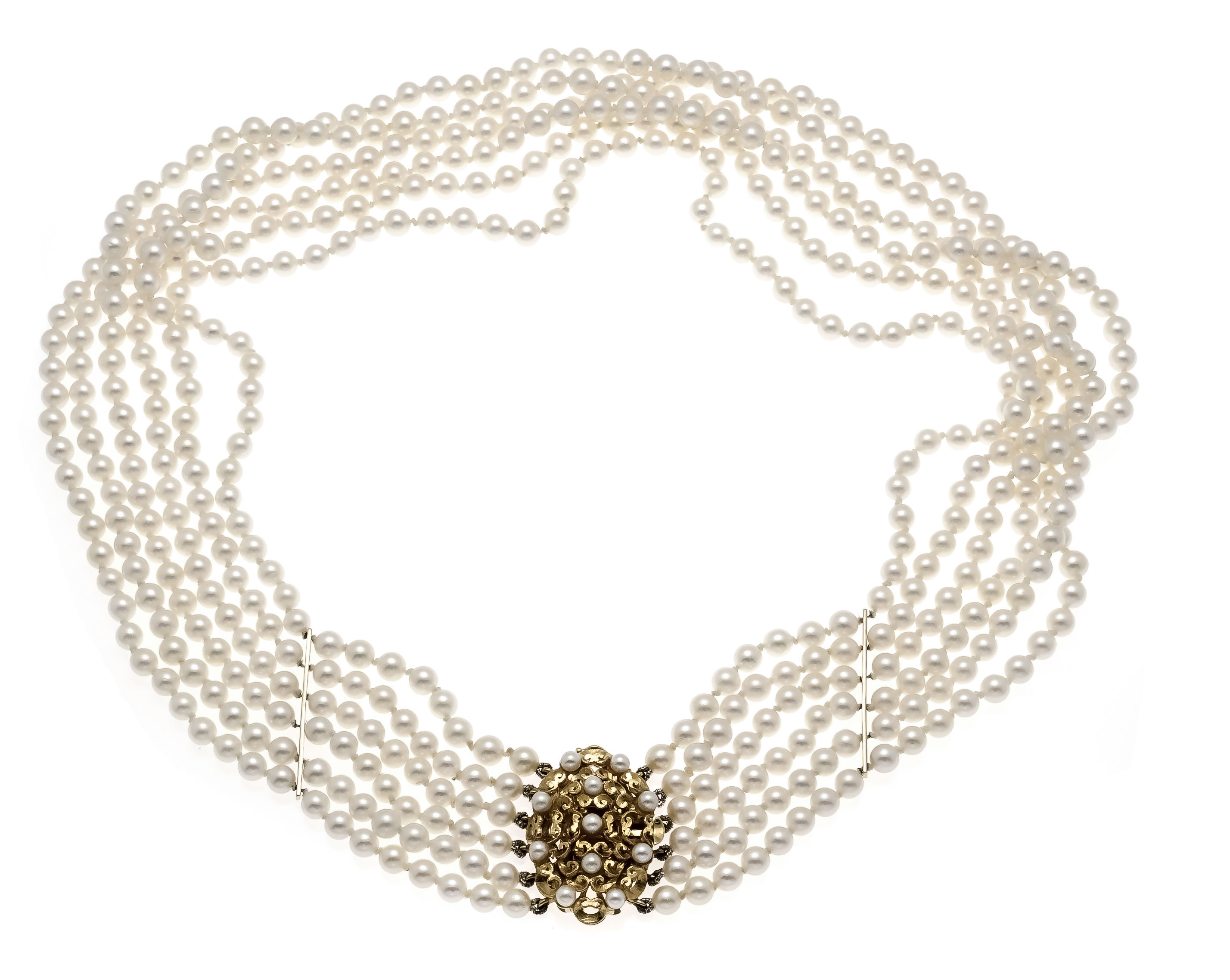 6-row Akoya pearl necklace with filigree showcase clasp GG 750/000 set with 11 creamy white Akoya