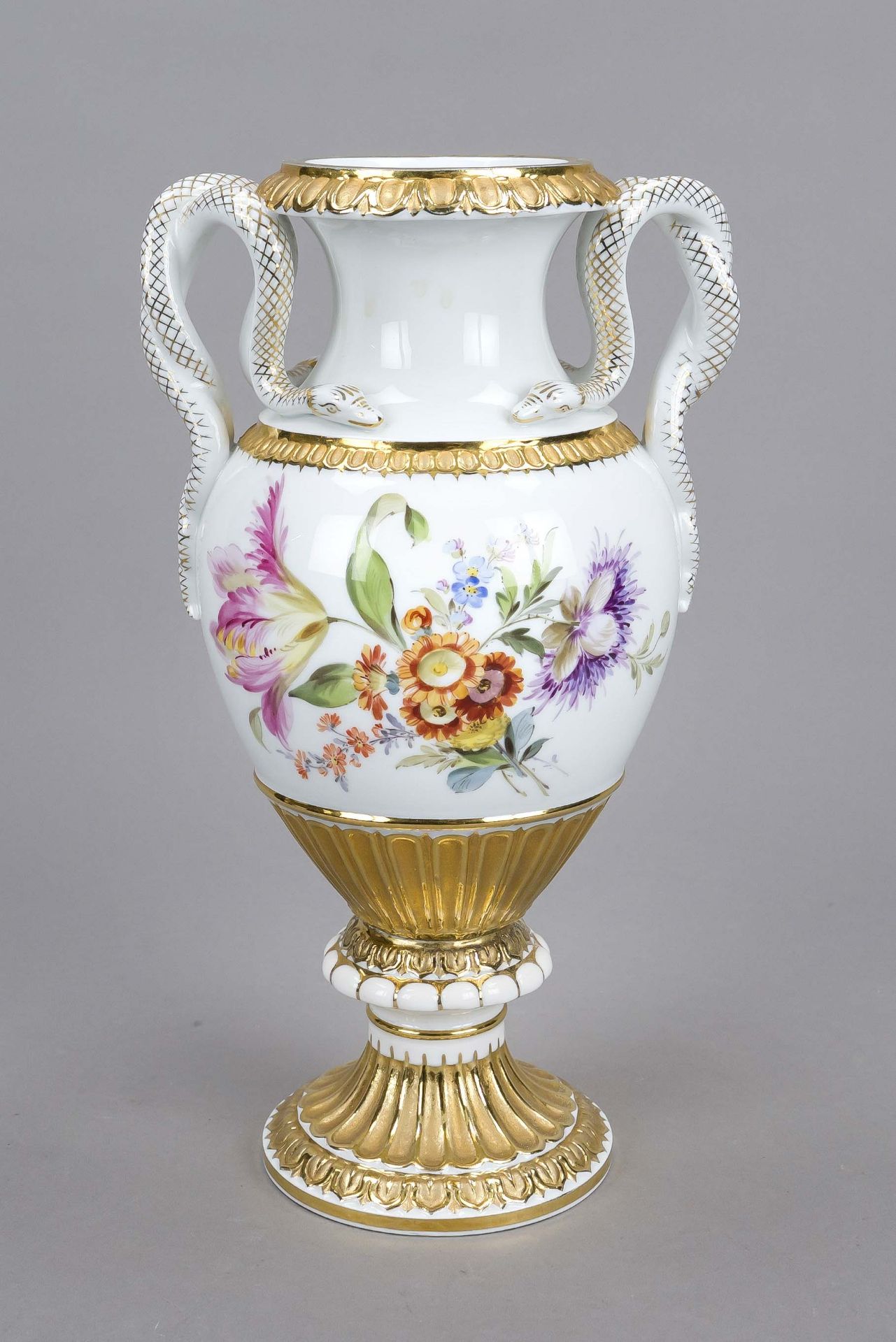 Double snake vase, Meissen, Knauf period (1850-1924), 1st choice, round base, ovoid body, handles in