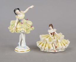 Two ballerinas, Thuringia, 20th century, standing ballerina in tulle dress, Volkstedt, h. 18 cm,
