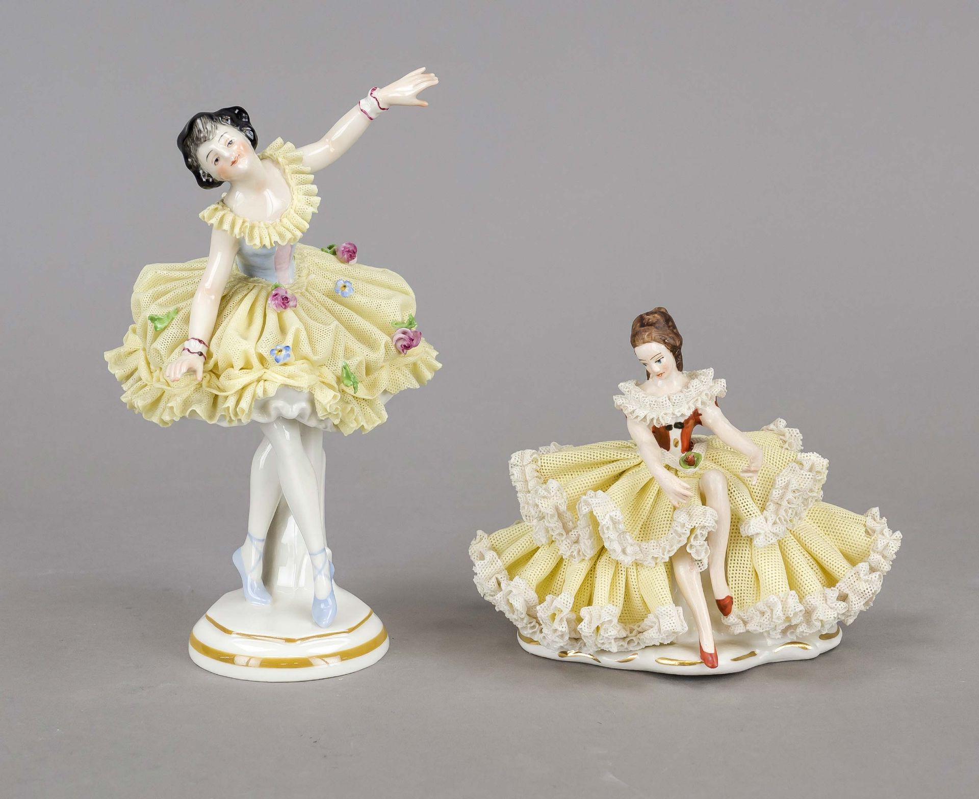 Two ballerinas, Thuringia, 20th century, standing ballerina in tulle dress, Volkstedt, h. 18 cm,