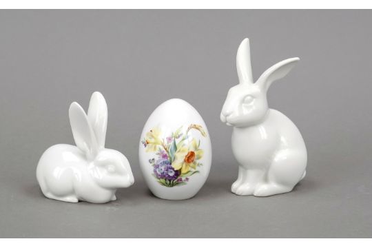 Easter set, 3 pieces, KPM Berlin, marks 1962-1992, 2nd choice, crouching snow hare, h. 13 cm,