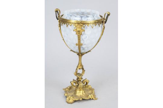 Centerpiece, late 19th century, gilt bronze, opal glass insert with textured surface. Lid missing,