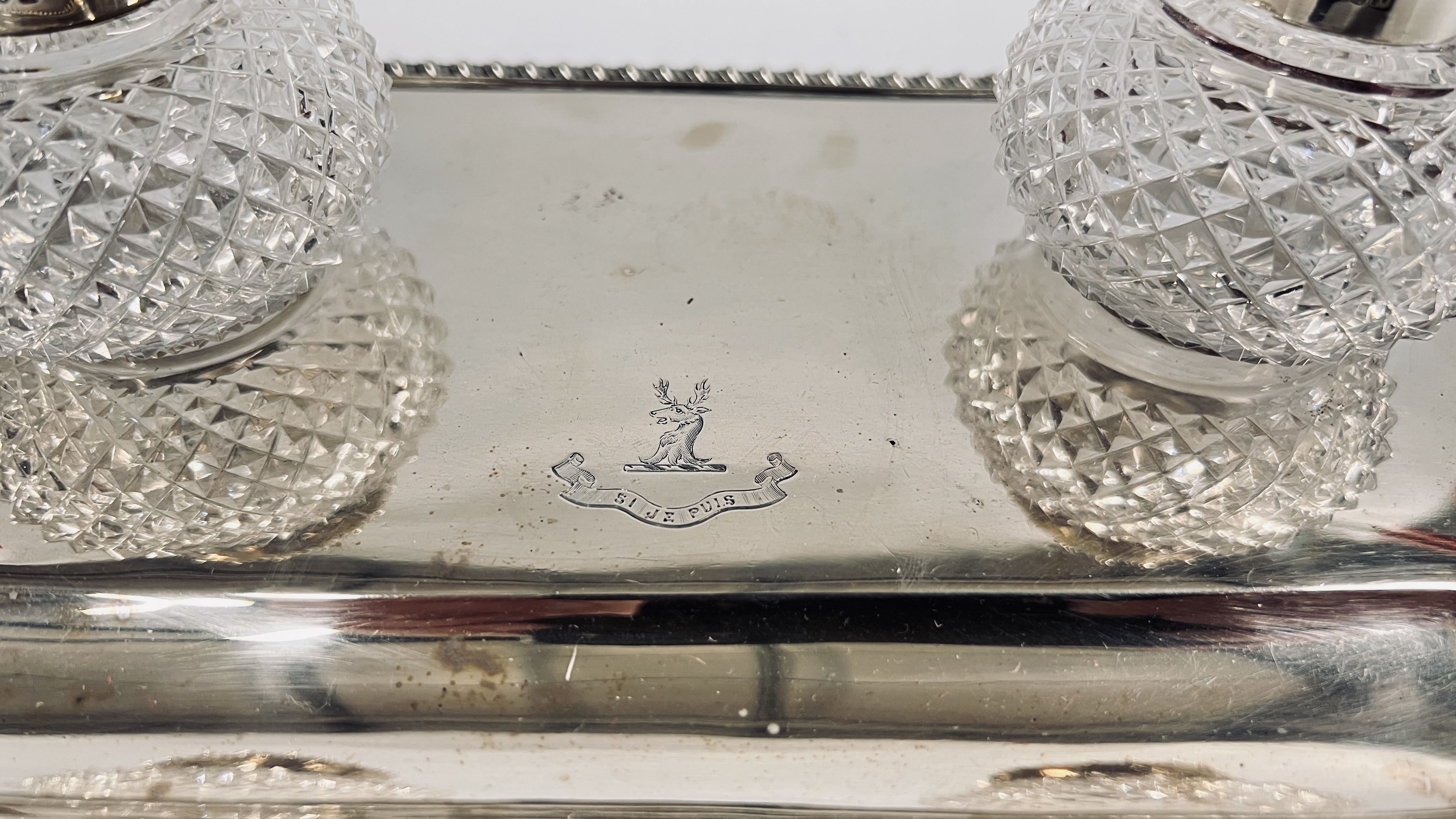 AN ANTQUE SILVER DOUBLE INK STAND RETAINING THE ORIGINAL HOBNAIL GLASS SILVER TOP INKWELLS, - Image 9 of 19