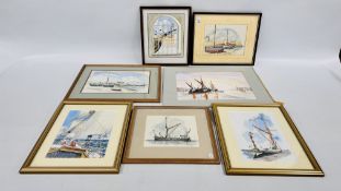 A GROUP OF 7 ORIGINAL PEN, INK AND WASH PICTURES DEPICTING VARIOUS SAILING AND FISHING VESSELS,