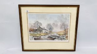 A FRAMED AND MOUNTED LIMITED EDITION 480/500 JACK GREEN PRINT OF A HOUSE IN THE HILLS BEARING