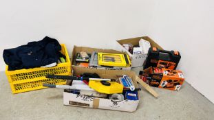 4 X BOXES OF ASSORTED SHED SUNDRIES TO INCLUDE BLACK & DECKER 4 IN 1 SANDER, 18 VOLT CORDLESS DRILL,