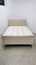 A MODERN BEIGE UPHOLSTERED KING SIZE BED WITH SLEEPEEZEE ORTHO SUPREME MATTRESS.