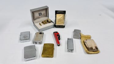 A GROUP OF 8 ASSORTED LIGHTERS TO INCLUDE 3 ZIPPO EXAMPLES + A FURTHER NOVELTY LIGHTER FASHIONED IN
