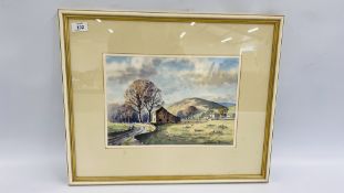 A FRAMED AND MOUNTED WATERCOLOUR "BARN IN UPPER WENSLEYDALE 1993" BEARING SIGNATURE E.