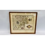 A VINTAGE FRAMED COLOURED MAP "SAXTONS MAP OF CAERNARDONSHIRE AND ANGLESEY" W 57 X H 47CM.