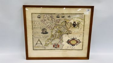 A VINTAGE FRAMED COLOURED MAP "SAXTONS MAP OF CAERNARDONSHIRE AND ANGLESEY" W 57 X H 47CM.