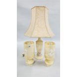 A PAIR OF HARDSTONE CARVED LAMPS H 26.5CM + A FURTHER EXAMPLE WITH SHADE - SOLD AS SEEN.