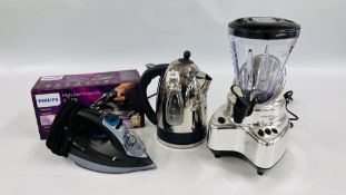 A PHILIPS POWERLIFE STEAM IRON, BREVILLE ILLUMINATOR KETTLE AND A KENWOOD NEW YORK SMOOTHIE MAKER,