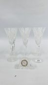 A SET OF SIX WATERFORD CRYSTAL MILLENNIUM FLUTED WINE GLASSES AND WATERFORD CRYSTAL GLASS CLOCK.