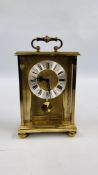 A 1970's GERMAN BRASS 8 DAY CHIMING MANTEL CLOCK - W 14.5CM X H 21CM X D 9.5CM.