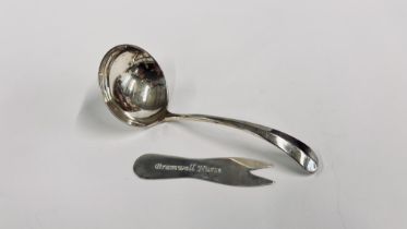 A SILVER LADLE, LONDON ASSAY ALONG WITH A SILVER CHIP FORK BIRMINGHAM ASSAY.
