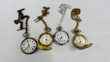 FOUR POCKET WATCHES INCLUDING A MILITARY GS/TP EXAMPLE.