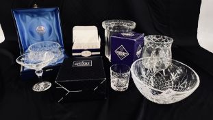 A GROUP OF QUALITY CRYSTAL GLASSWARE TO INCLUDE AN EDINBURGH CRYSTAL DISH AND TWO TUMBLERS,