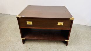 REPRODUCTION MILITARY STYLE COFFEE TABLE WITH SINGLE SLIDE THROUGH DRAWER AND BRASS BOUND MILITARY