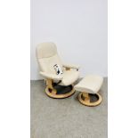 STRESSLESS CREAM LEATHER RELAXER CHAIR AND MATCHING FOOTSTOOL.