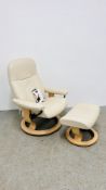 STRESSLESS CREAM LEATHER RELAXER CHAIR AND MATCHING FOOTSTOOL.